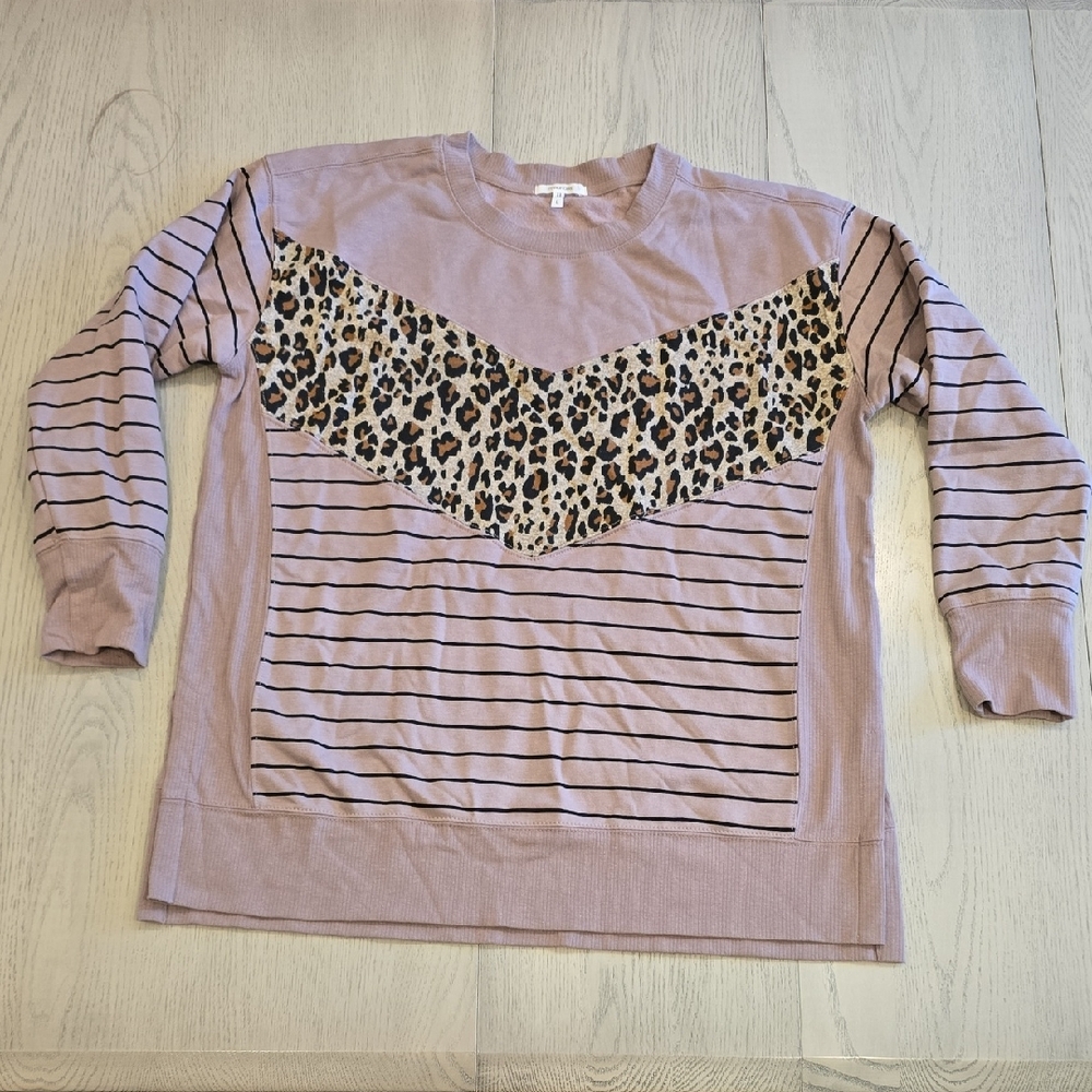Maurices Pink Leopard Print Crew Neck Sweater